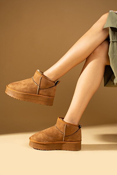 Pembe Potin Γυναικεία Mini Tan Nubuck Μποτάκια με Γούνινο Εσωτερικό Επίπεδο Χοντρό Άνετη Σόλα Γυναικεία Παπούτσια