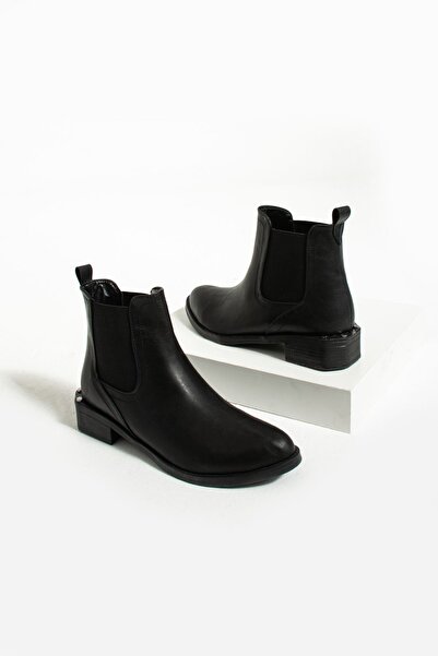 Pembe Potin Kadın Siyah Lastikli Topuğu Zımbalı Sıcak Astar Günlük Şık Bot