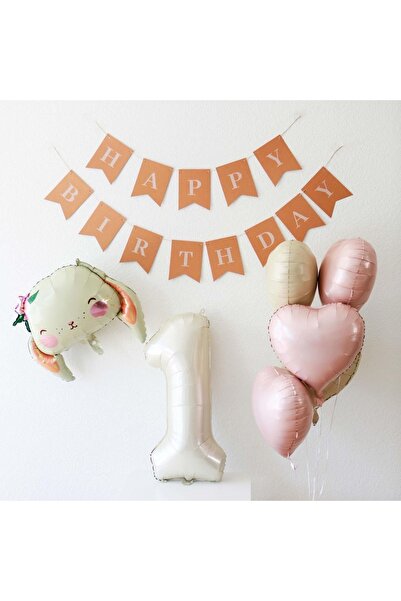 Partifabrik 1 Year Old Retro Rabbit Themed Cream Pastel Balloon Set - 8 Pieces
