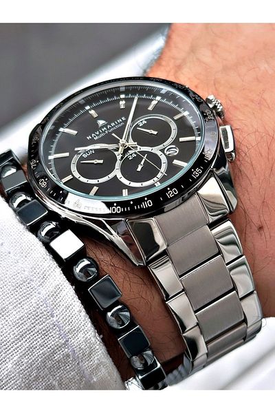 Navimarine Men's Silver Colored Steel Cord Wrist Watch and Bracelet Gift