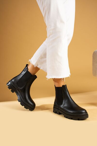 Pembe Potin Kadın Siyah Kalın Kaymaz Taban Lastikli Günlük Rahat Sıcak Astar Bot