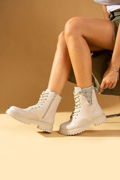 Pembe Potin Kadın Taş Detaylı Krem Poli Taban Fermuarlı Rahat Kalıp Sıcak Astar Bağcıklı Bot Postal