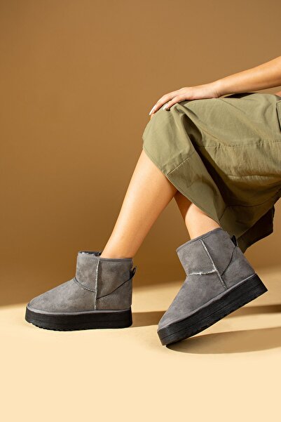 Pembe Potin Жіночі сірі напівботи з нубуку, з пухнастою підкладкою, на плоскій товстій зручній підошві