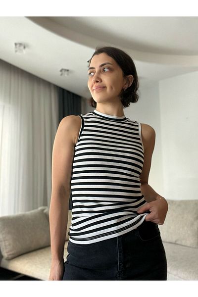 soBasic Tricou din bumbac fără mâneci cu decolteu triplu Bluză-M - Negru-Alb