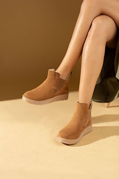 Pembe Potin Kadın Taba Süet Rahat Kalıp Kaymaz Taban Lastikli Sıcak Astar Günlük Bot