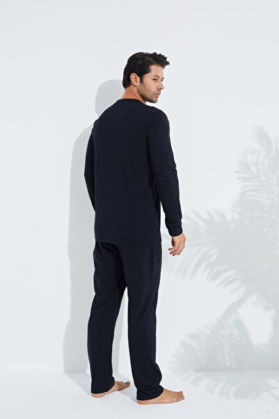 Siyah İnci siyah Uzun Kollu Örme Erkek Pijama Takım 7795
