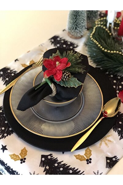 Ayd Home 6 Lı Yılbaşı Kırmızı Çiçekli Simli Peçete Halkası Yüzük Yeniyıl Sofra Masa Noel Newyear Peçetelik