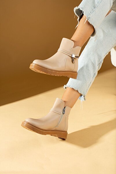 Pembe Potin Kadın Nut Koyu Bej Tokalı Rahat Kalıp Kaymaz Taban Lastikli Sıcak Astar Günlük Rahat Bot