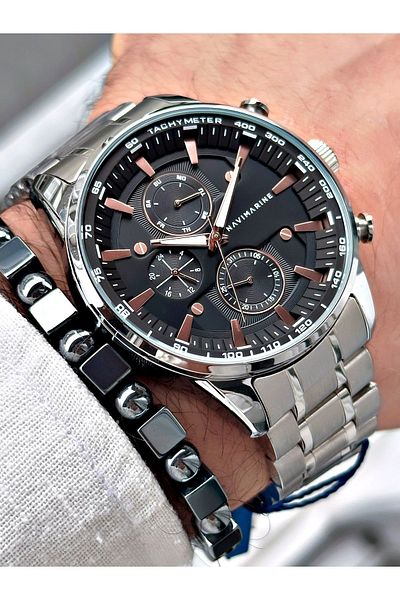Navimarine Men's Silver Colored Steel Cord Wrist Watch and Bracelet Gift