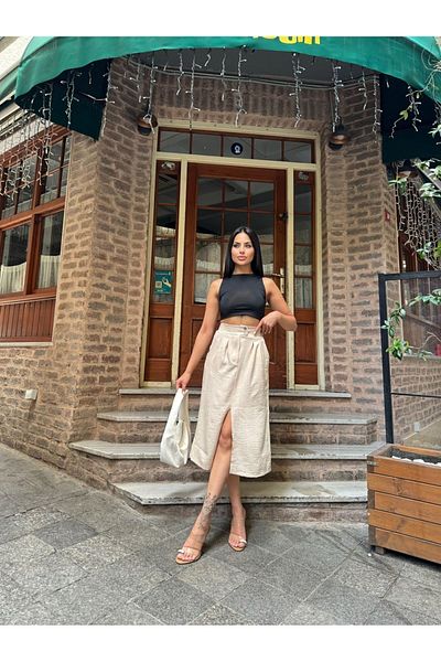Brantu Front Slit Pocketed Linen Skirt