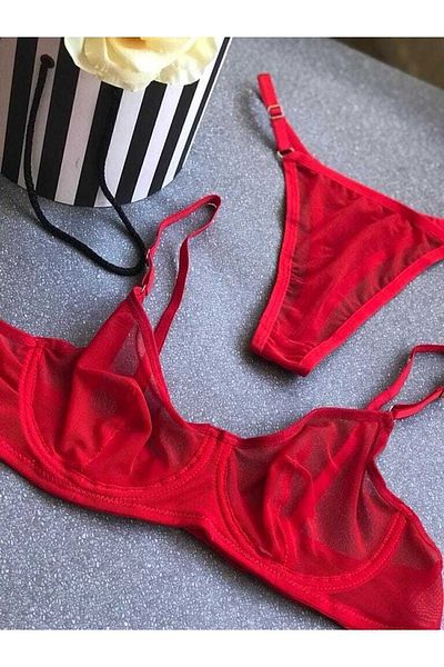 ELİZYA BUTİK Blue Fuchsia White Red - Simple Print See-Through Bra and Thong Lingerie Set