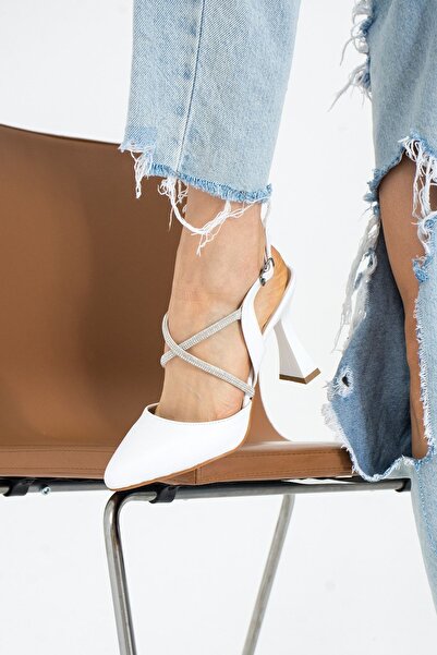 Pembe Potin White Jewelled Back Strap Graduation Office Evening Dress Elegant Heeled Shoes