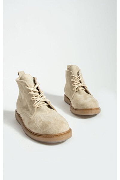 Pembe Potin Kadın Bej Süet Bağcıklı Rahat Termo Taban Günlük Sıcak Astar Bağcıklı Bot