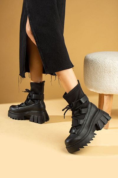 Pembe Potin Cizme de damă, negre, groase, anti-alunecare, elastice, cu șireturi, în stil casual