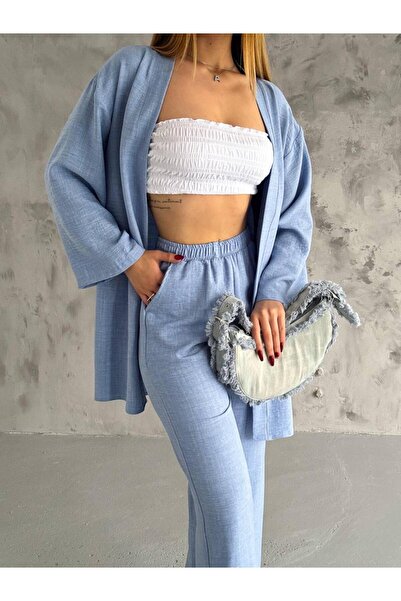 exxitcollection Γυναικείο λινό απλό διπλό κιμονό σετ