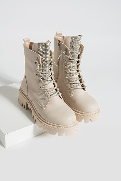 Pembe Potin Γυναικείες μπότες με μπεζ κορδόνια με φερμουάρ καθημερινά άνετα με ζεστή επένδυση