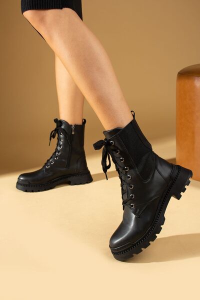 Pembe Potin Kadın Siyah Poli Taban Lastikli Fermuarlı Rahat Kalıp Sıcak Astar Bağcıklı Bot Postal