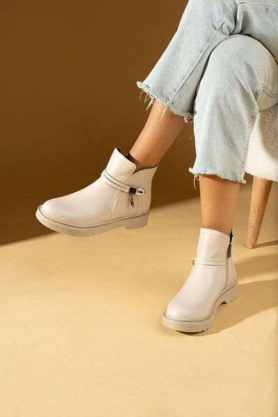 Pembe Potin Women's Cream Beige Buckle Comfortable Fit Non-Slip Sole Elastic Warm Lining Daily Comfortable Boots