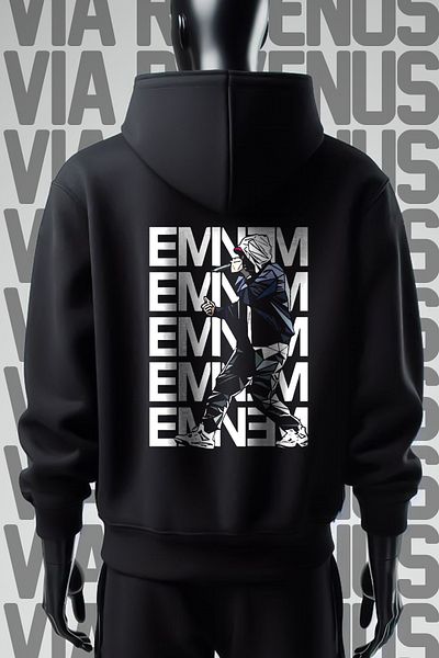 Vordevia Черен суичър с качулка с щампа Eminem - широка шарка от 3 прежди