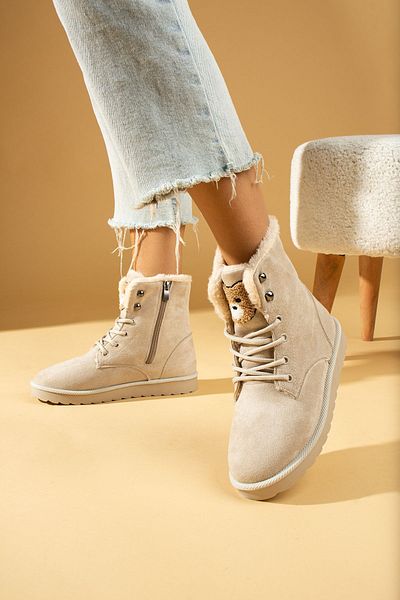 Pembe Potin Teddy Bear Teddy Bear Cream Suede Άνετη Εφαρμογή Ζεστή Φόδρα Lace Up Hashpapi Boots