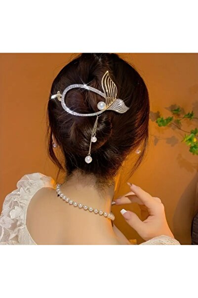 NİLZ مشبك تلقائي مزين باللؤلؤ والحجر باللون الذهبي للنساء