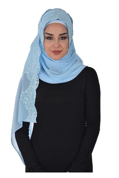 Ayşe Tasarım Special Design Front Lace Embroidered Practical Chiffon Shawl, Baby Blue, Ps-25