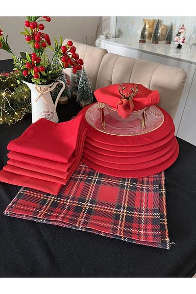 Ayd Home Christmas Plaid 6-person Presentation Set -Supla6 Napkin, Christmas New Year Tableware Runner