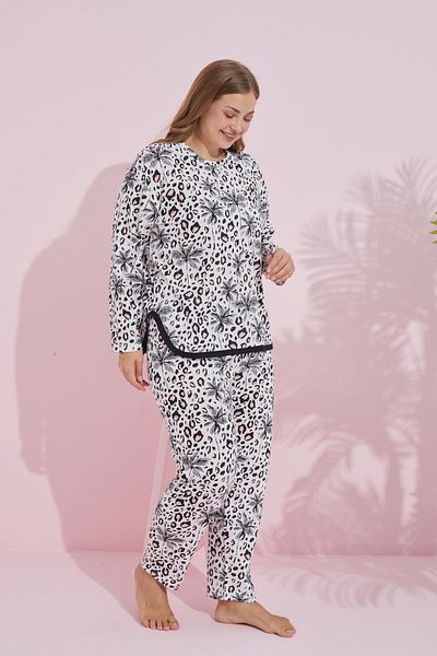 Siyah İnci Plus Size White Black Leopard Pattern Curve Pajama Set - 7779