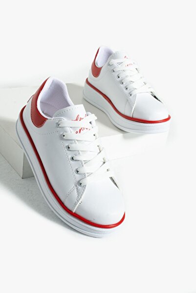 Pembe Potin Bílé červené dámské sportovní tenisky šněrovací každodenní boty s pohodlnou podrážkou