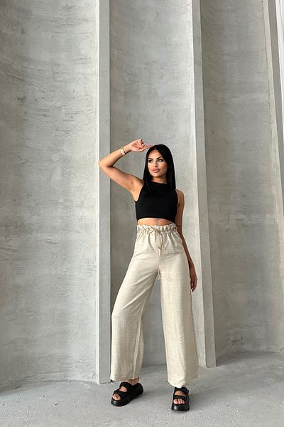 Brantu Linen Palazzo Trousers - Straw Belt Detail