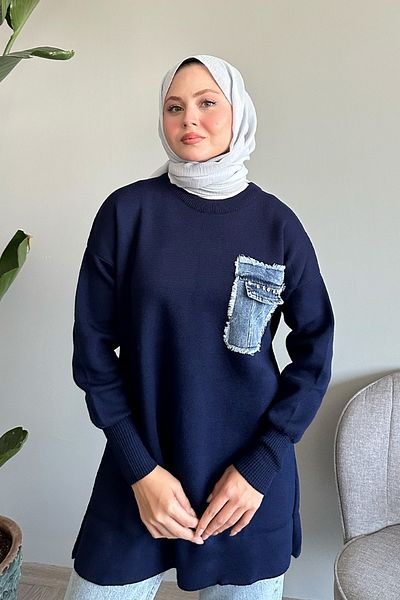 InStyle Tunica de tricotaj bleumarin - Buzunar din denim