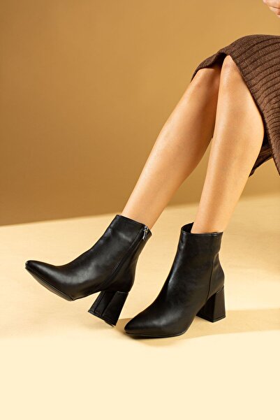 Pembe Potin Kadın Krem Siyah Kalın Topuk Rahat Taban Sıcak Astar Şık Klasik Bot