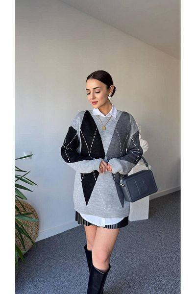 Brantu Pulover supradimensionat pentru damă, gri Argyle, cu decolteu rotund