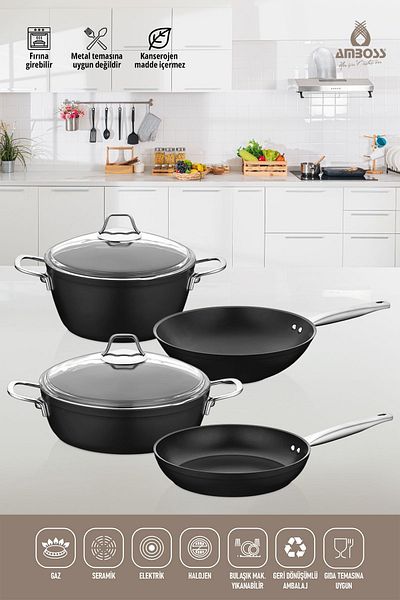 Amboss Dark 6 Piece 28 cm Wok Pan, Pot Set - Glass Lid