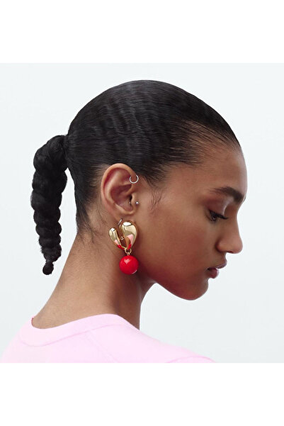 HOSBUTIK Za Model Red Ball Earrings - Gold Color
