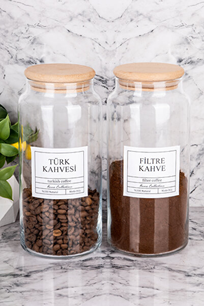 MODA OZY 2li Ahşap Kapaklı Vakumlu 1300ml Filtre Kahve & Türk Kahvesi Kavanoz...