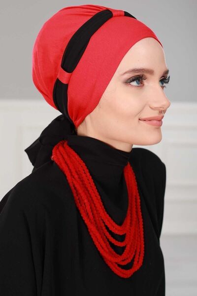 Ayşe Tasarım Chiffon Belted Combed Cotton Bonnet, Red - Black, B-24, Red - Black