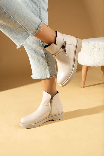 Pembe Potin Women's Cream Beige Buckle Comfortable Fit Non-Slip Sole Elastic Warm Lining Daily Comfortable Boots