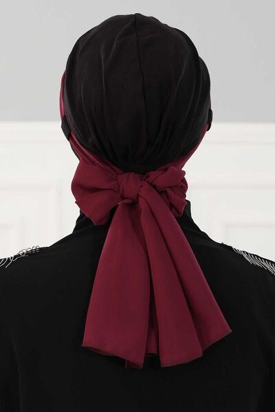 Ayşe Tasarım Chiffon Belted Combed Cotton Bonnet, Black - Plum, B-24, Black - Plum