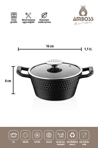 Amboss Granite Cast Pot Set 6 Pieces - Fireproof and Non-stick, with Glass Lid