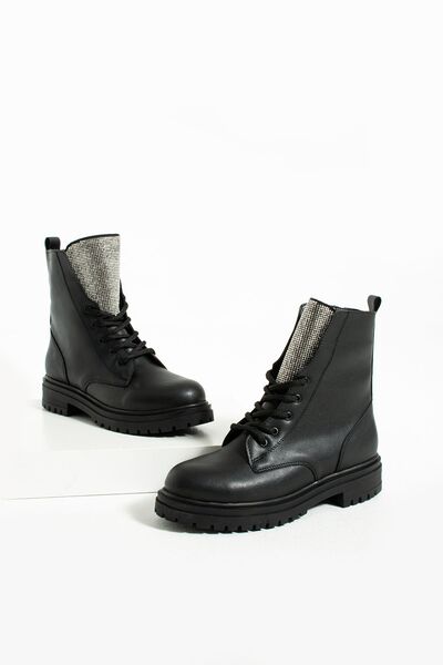 Pembe Potin Kadın Taş Detaylı Siyah Poli Taban Fermuarlı Rahat Kalıp Sıcak Astar Bağcıklı Bot Postal