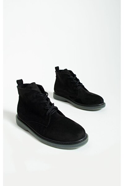 Pembe Potin Kadın Siyah Süet Bağcıklı Rahat Termo Taban Günlük Sıcak Astar Bağcıklı Bot