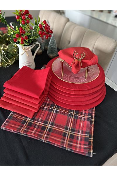 Ayd Home Christmas Plaid 6-person Presentation Set -Supla6 Napkin, Christmas New Year Tableware Runner
