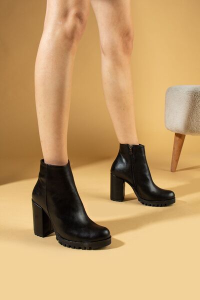 Pembe Potin Kadın Siyah Topuklu Fermuarlı Rahat Taban Günlük Kullanım Tokalı Klasik Bot