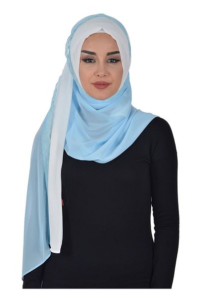 Ayşe Tasarım شال شيفون عملي، كريمي - بيبي بلو، ps-23