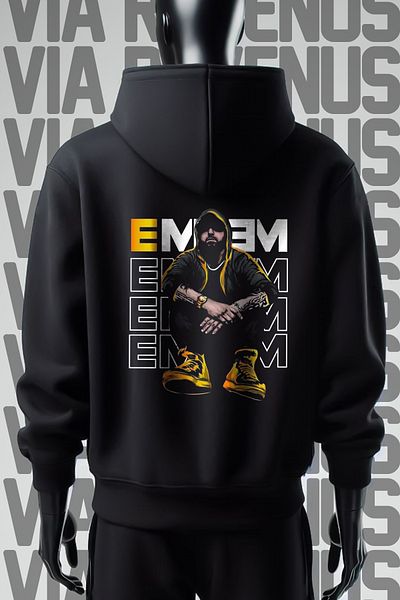 Vordevia Черен суичър с качулка с щампа Eminem - широка шарка от 3 прежди
