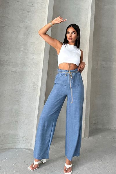 Brantu Linen Palazzo Trousers - Straw Belt Detail