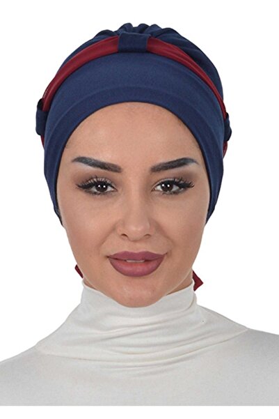 Ayşe Tasarım Chiffon Belted Combed Cotton Bonnet, Dark Blue - Burgundy, B-24, Dark Blue - Burgundy
