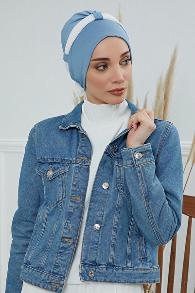 Ayşe Tasarım Chiffon Belted Combed Cotton Bonnet, Blue-Cream, B-24, Blue-Cream