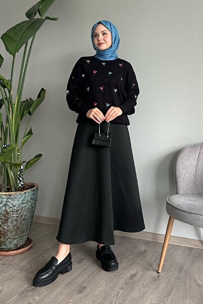 InStyle Black Rose Motif Openwork Knitwear Sweater